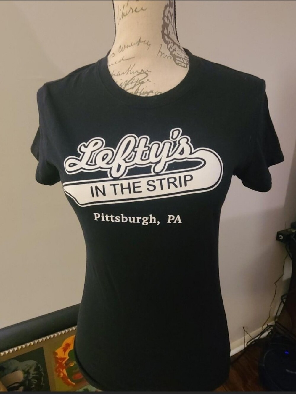Lefty's In The Strip Pittsburgh PA Women's Black Graphic Baby Tee. M
